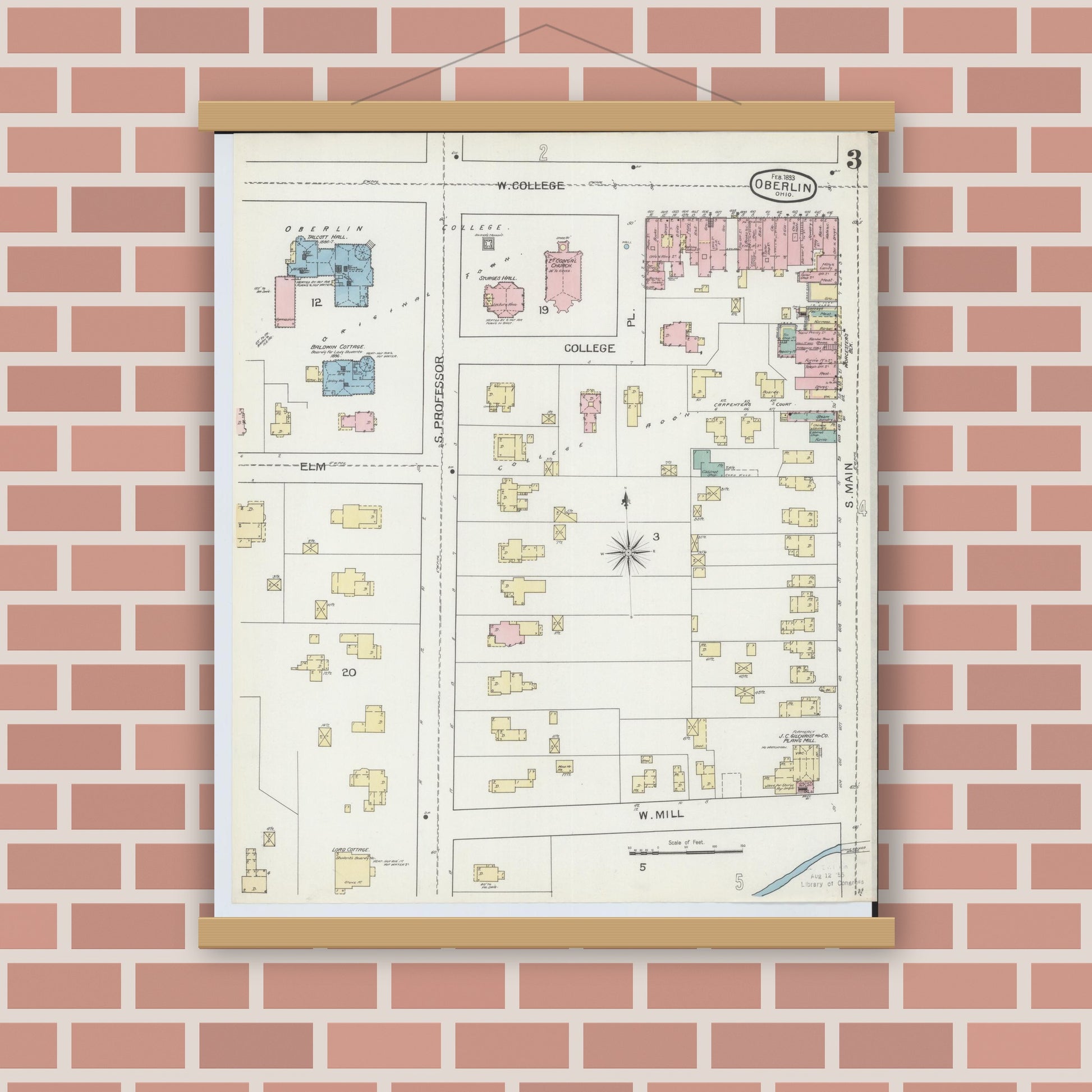 Old map wall art mockup — magnetic wood frame on brick wall — Sanborn Fire Insurance Map from Oberlin, Lorain County, Ohio (1893), Sheet #0003