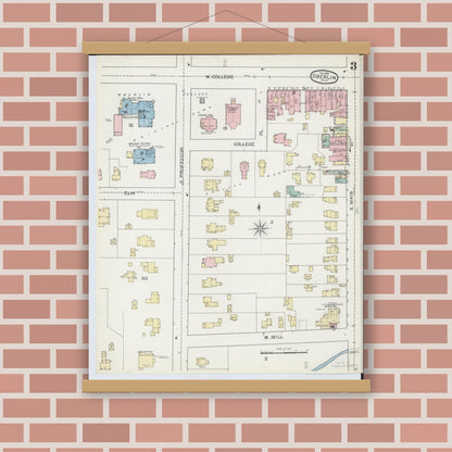 Old map wall art mockup — magnetic wood frame on brick wall — Sanborn Fire Insurance Map from Oberlin, Lorain County, Ohio (1893), Sheet #0003