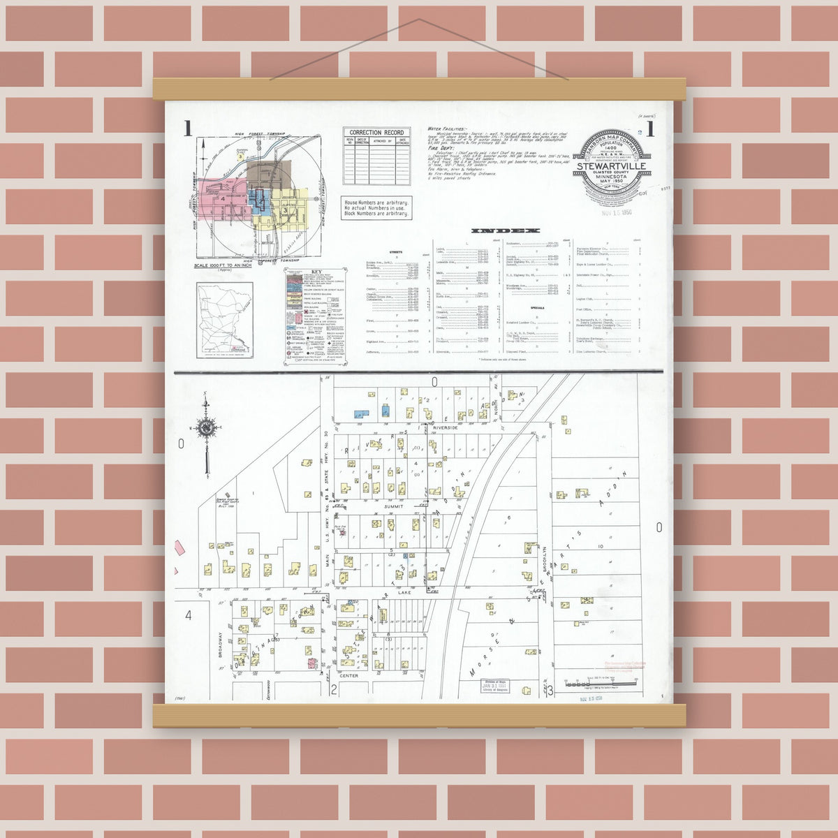Old map wall art mockup — magnetic wood frame on brick wall — Sanborn Fire Insurance Map from Stewartville, Olmsted County, Minnesota (1950), Sheet #0001