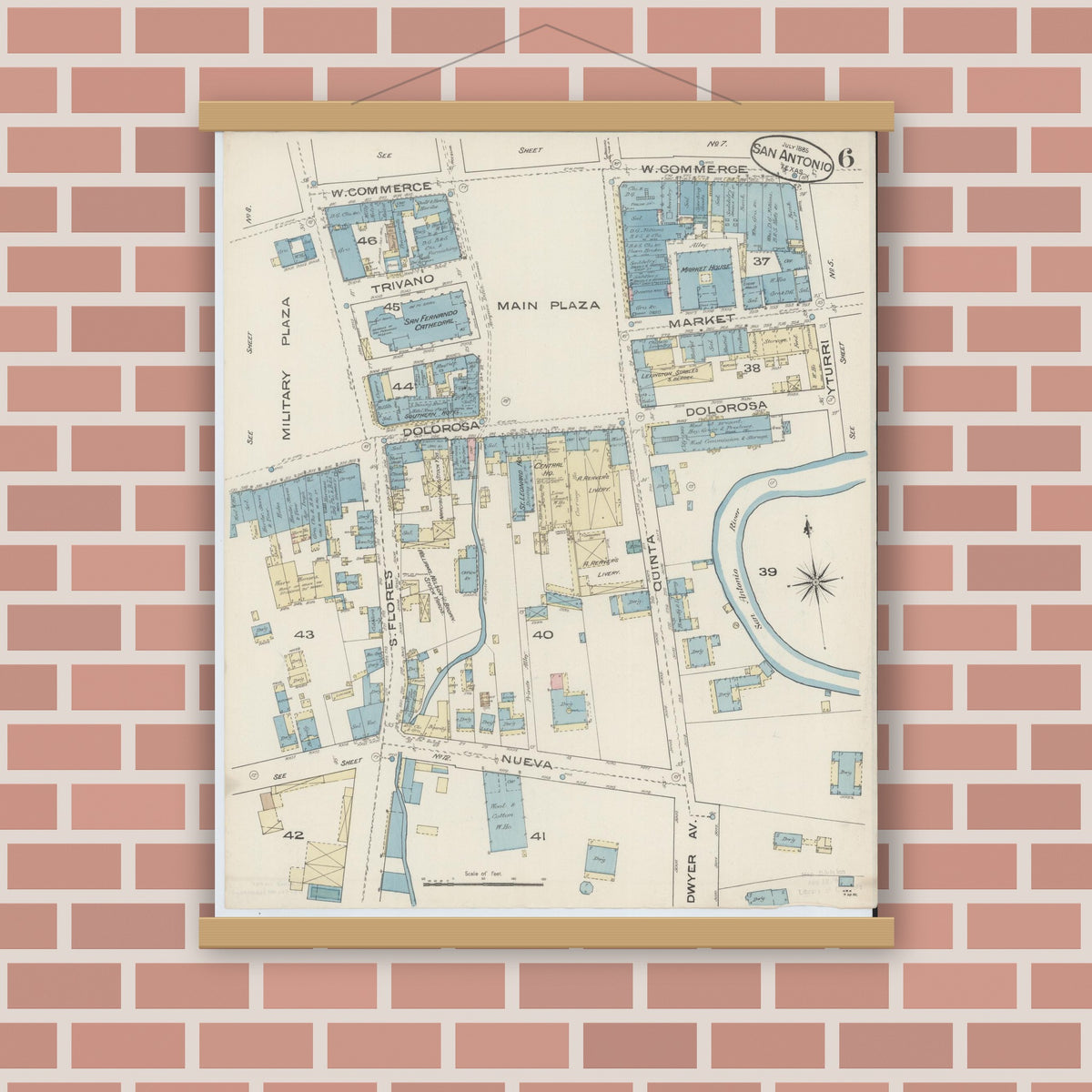 Old map wall art mockup — magnetic wood frame on brick wall — Sanborn Fire Insurance Map from San Antonio, Bexar County, Texas (1885), Sheet #0006