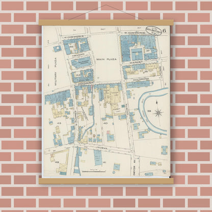 Old map wall art mockup — magnetic wood frame on brick wall — Sanborn Fire Insurance Map from San Antonio, Bexar County, Texas (1885), Sheet #0006
