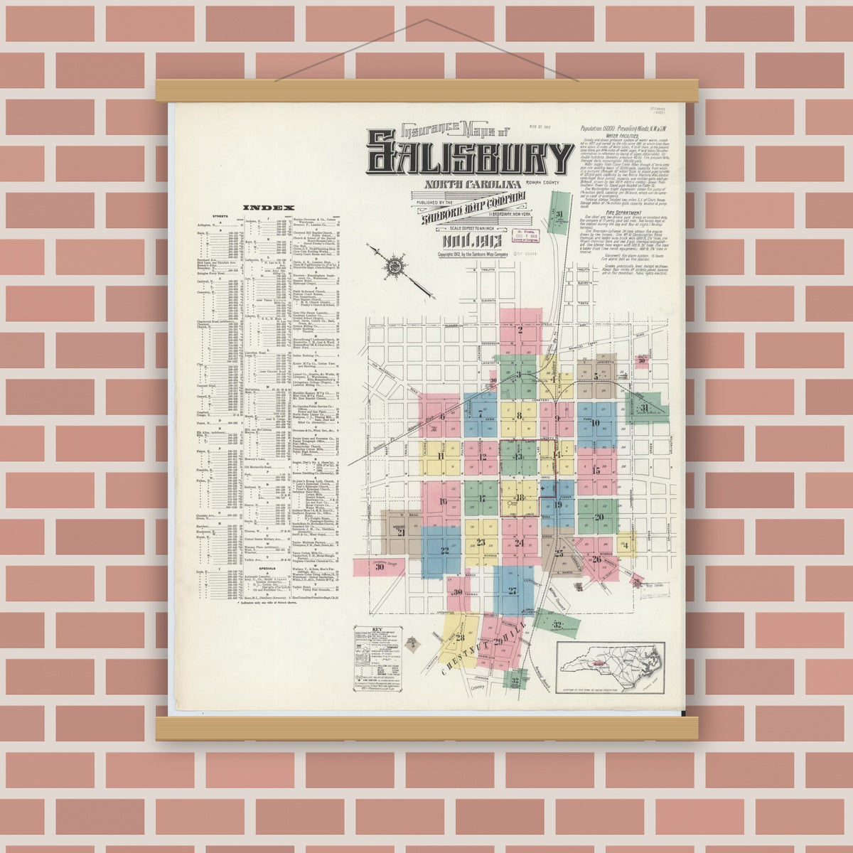 Old map wall art mockup — magnetic wood frame on brick wall — Sanborn Fire Insurance Map from Salisbury, Rowan County, North Carolina (1913) - Complete Map Set