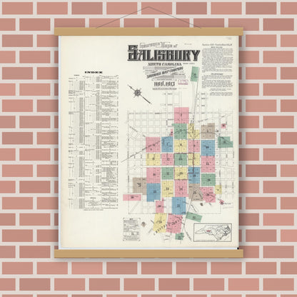 Old map wall art mockup — magnetic wood frame on brick wall — Sanborn Fire Insurance Map from Salisbury, Rowan County, North Carolina (1913) - Complete Map Set