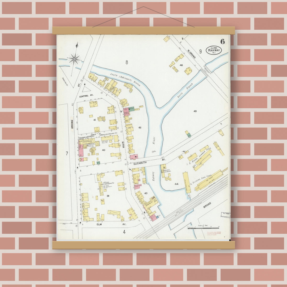 Old map wall art mockup — magnetic wood frame on brick wall — Sanborn Fire Insurance Map from Rahway, Union County, New Jersey (1901), Sheet #0006