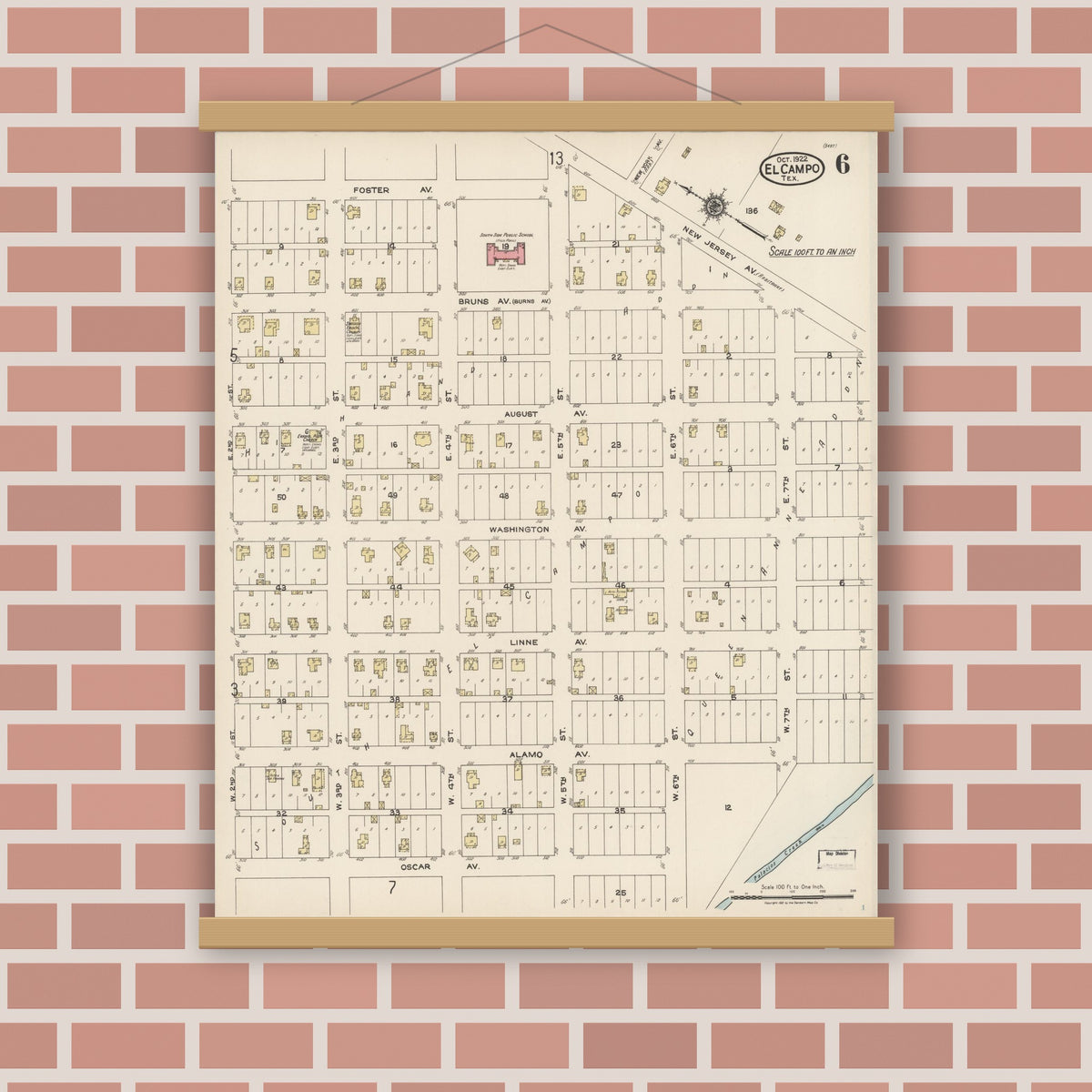 Old map wall art mockup — magnetic wood frame on brick wall — Sanborn Fire Insurance Map from El Campo, Wharton County, Texas (1922), Sheet #0006