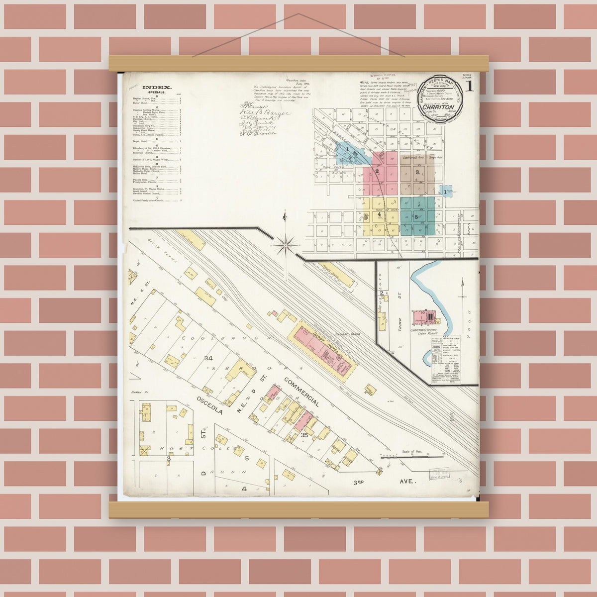 Old map wall art mockup — magnetic wood frame on brick wall — Sanborn Fire Insurance Map from Chariton, Lucas County, Iowa (1893), Sheet #0001