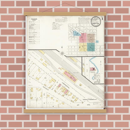 Old map wall art mockup — magnetic wood frame on brick wall — Sanborn Fire Insurance Map from Chariton, Lucas County, Iowa (1893), Sheet #0001