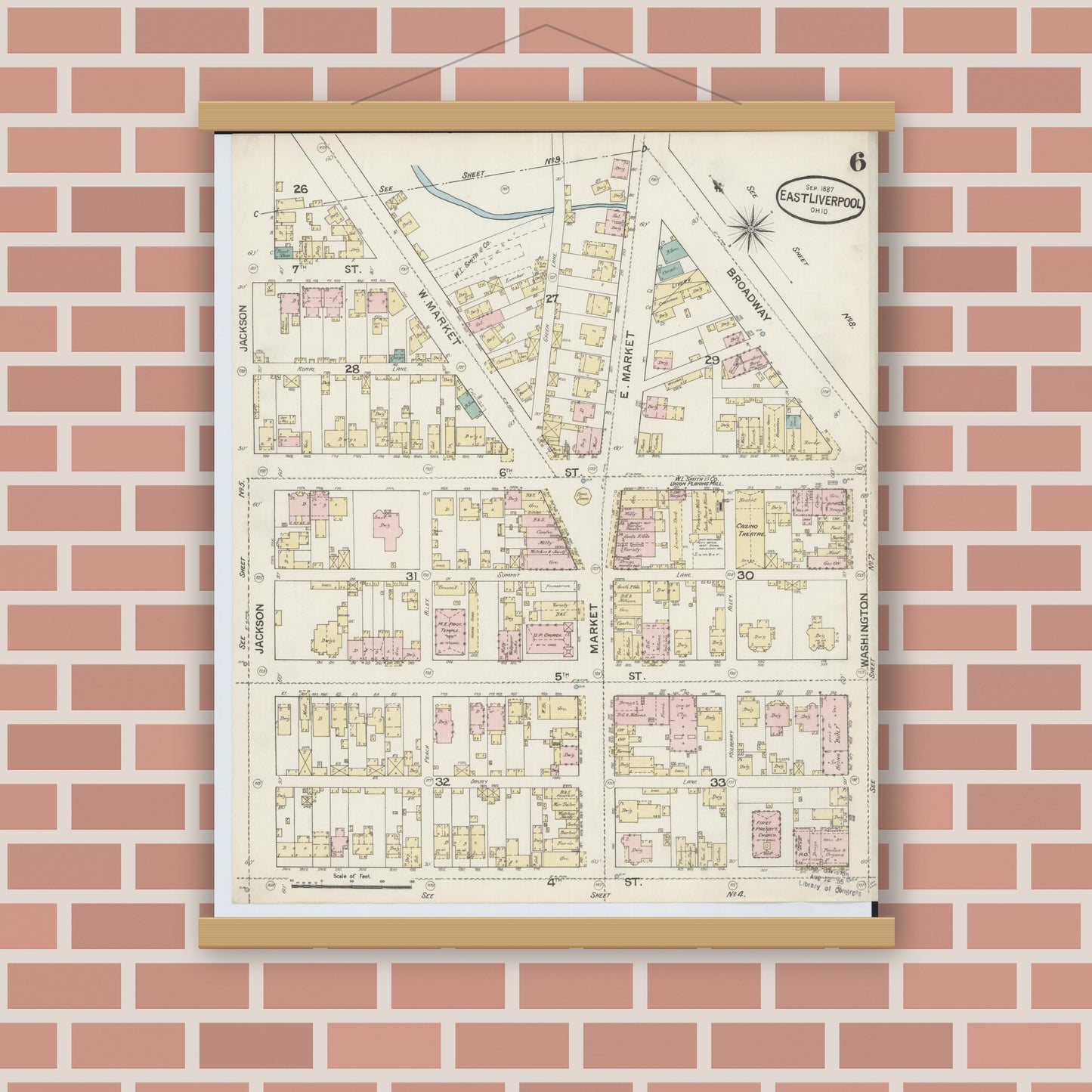Old map wall art mockup — magnetic wood frame on brick wall — Sanborn Fire Insurance Map from East Liverpool, Columbiana County, Ohio (1887), Sheet #0006