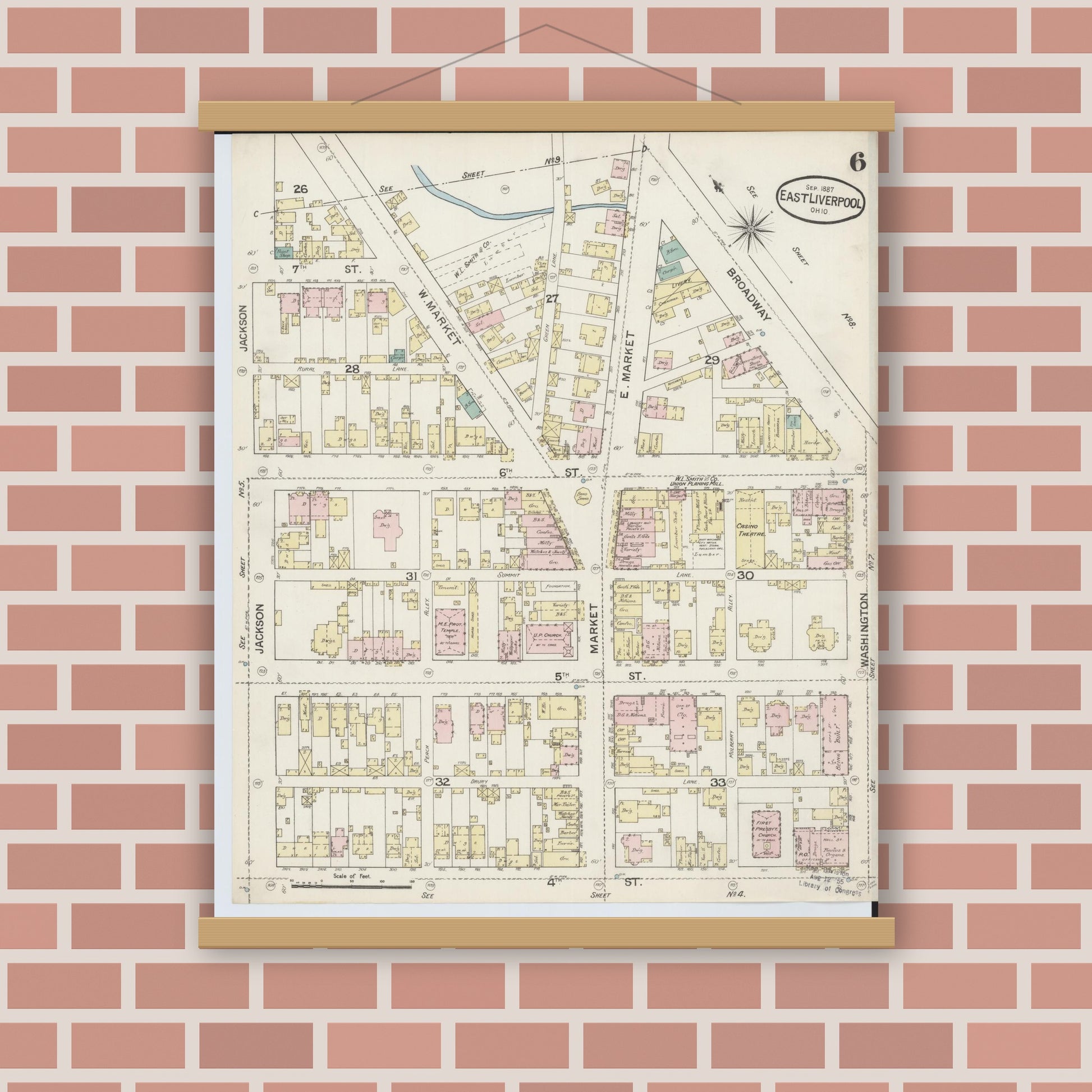 Old map wall art mockup — magnetic wood frame on brick wall — Sanborn Fire Insurance Map from East Liverpool, Columbiana County, Ohio (1887), Sheet #0006