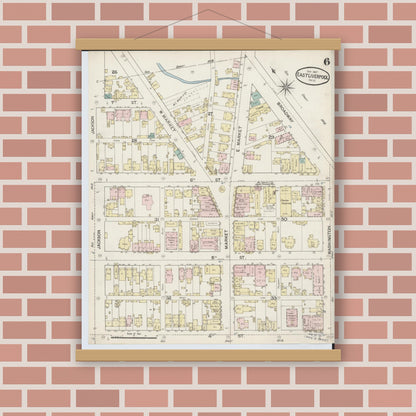 Old map wall art mockup — magnetic wood frame on brick wall — Sanborn Fire Insurance Map from East Liverpool, Columbiana County, Ohio (1887), Sheet #0006