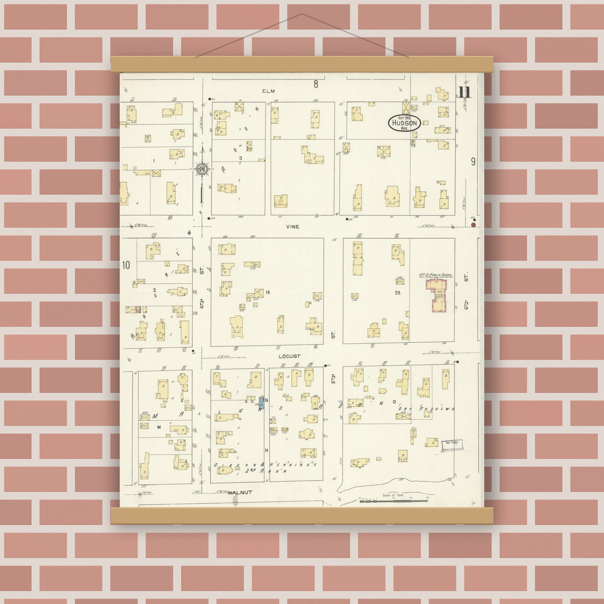 Old map wall art mockup — magnetic wood frame on brick wall — Sanborn Fire Insurance Map from Hudson, St. Croix County, Wisconsin (1912), Sheet #0011