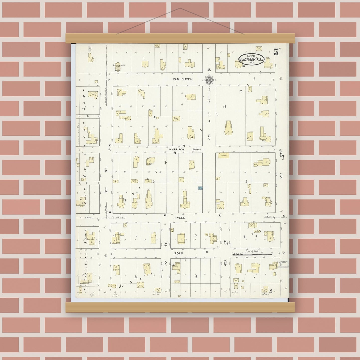Old map wall art mockup — magnetic wood frame on brick wall — Sanborn Fire Insurance Map from Black River Falls, Jackson County, Wisconsin (1914), Sheet #0005