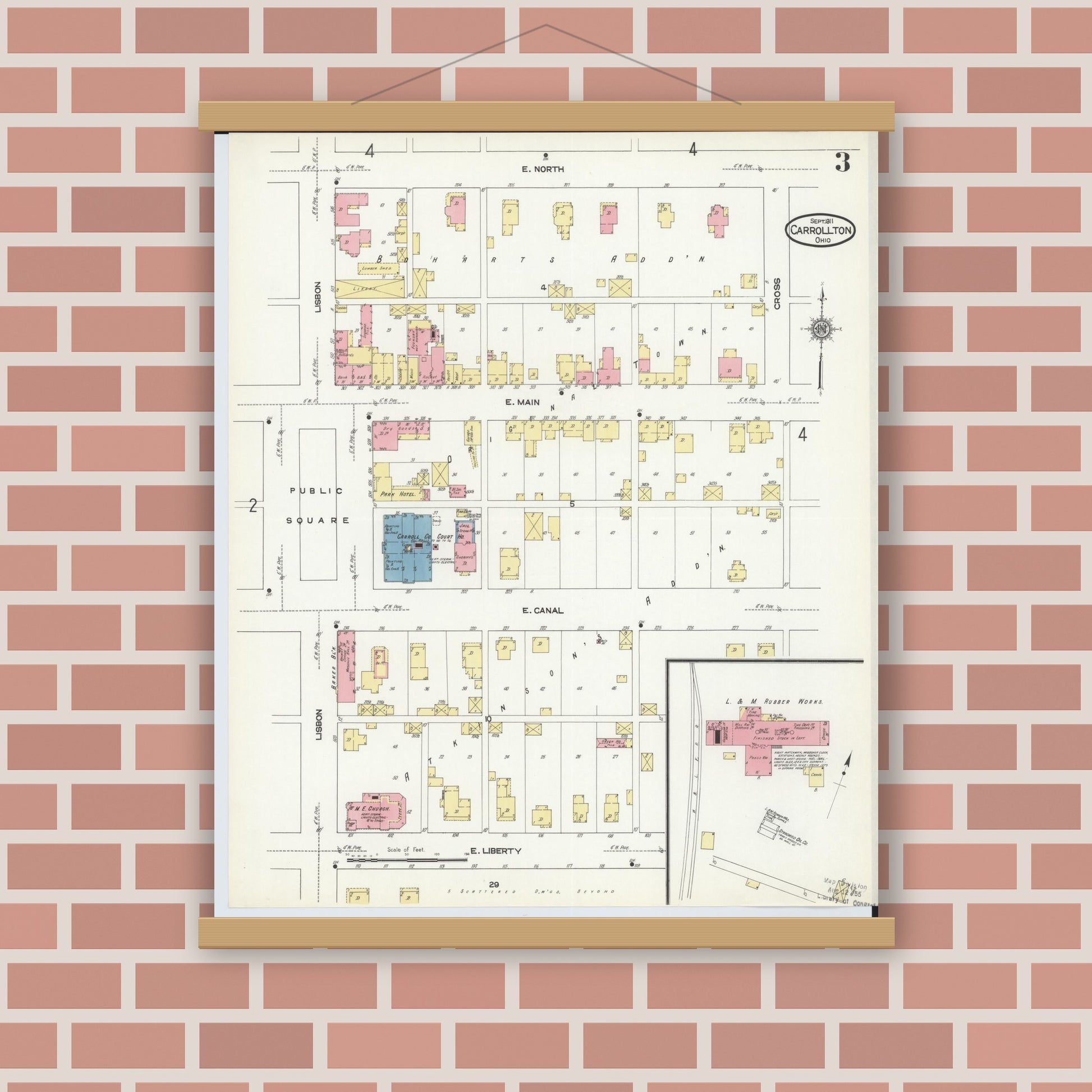Old map wall art mockup — magnetic wood frame on brick wall — Sanborn Fire Insurance Map from Carrollton, Carroll County, Ohio (1911), Sheet #0003