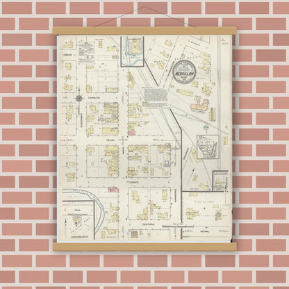 Old map wall art mockup — magnetic wood frame on brick wall — Sanborn Fire Insurance Map from Merrillan, Jackson County, Wisconsin (1914), Sheet #0001