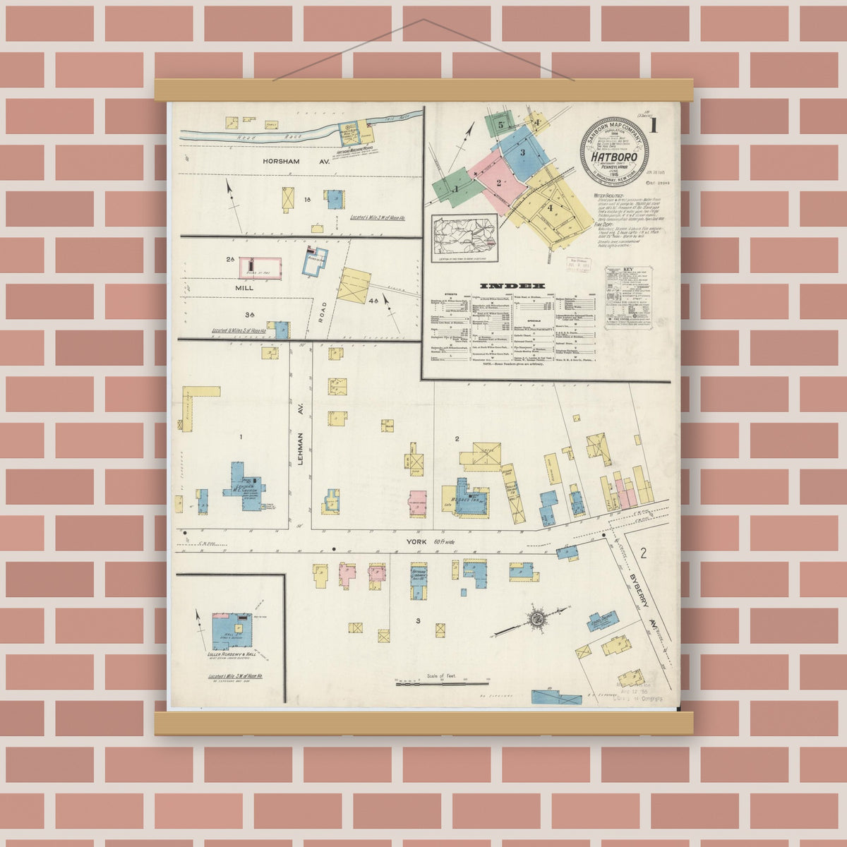 Old map wall art mockup — magnetic wood frame on brick wall — Sanborn Fire Insurance Map from Hatboro, Montgomery County, Pennsylvania (1915), Sheet #0001