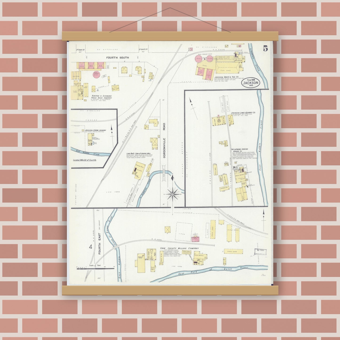 Old map wall art mockup — magnetic wood frame on brick wall — Sanborn Fire Insurance Map from Jackson, Cape Girardeau County, Missouri (1908), Sheet #0005