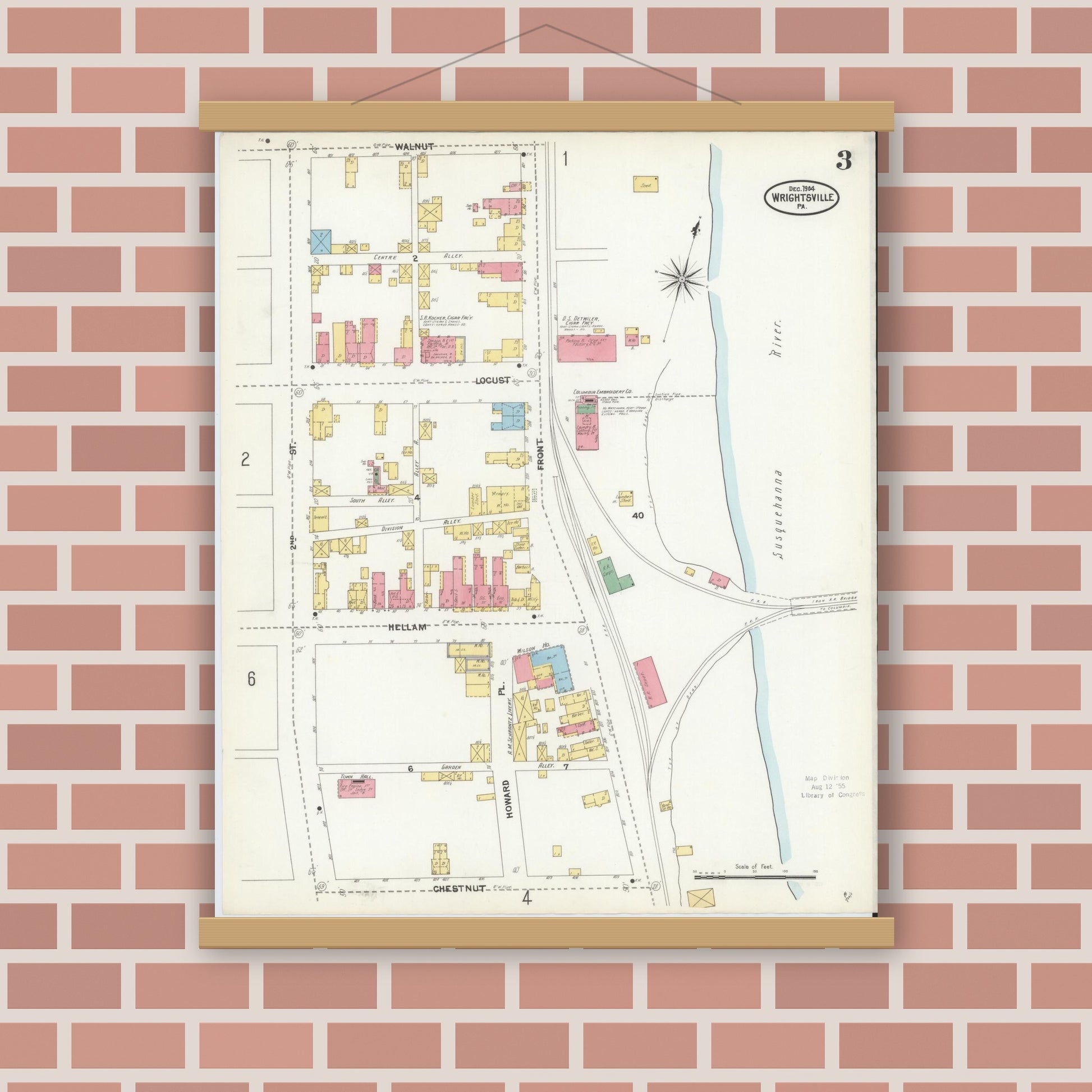 Old map wall art mockup — magnetic wood frame on brick wall — Sanborn Fire Insurance Map from Wrightsville, York County, Pennsylvania (1904), Sheet #0003