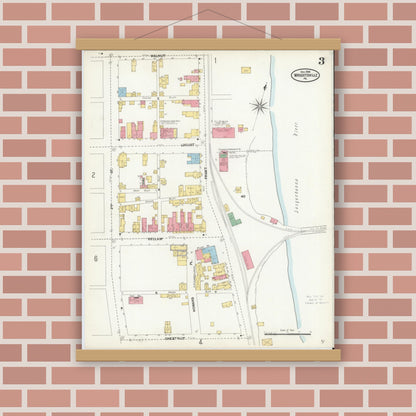 Old map wall art mockup — magnetic wood frame on brick wall — Sanborn Fire Insurance Map from Wrightsville, York County, Pennsylvania (1904), Sheet #0003