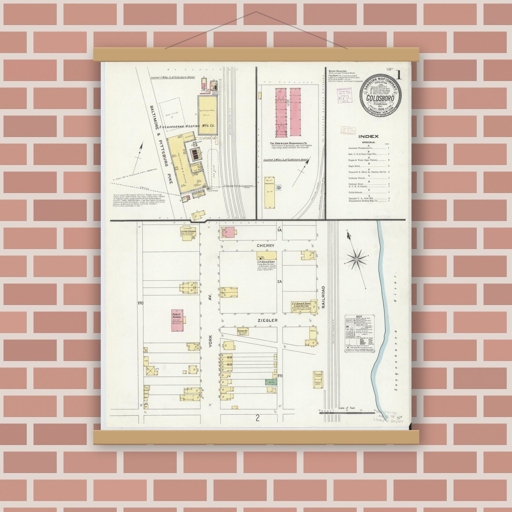 Old map wall art mockup — magnetic wood frame on brick wall — Sanborn Fire Insurance Map from Goldsboro, York County, Pennsylvania (1908) - Complete Map Set