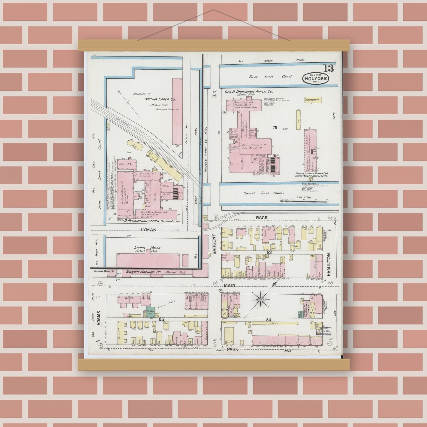 Old map wall art mockup — magnetic wood frame on brick wall — Sanborn Fire Insurance Map from Holyoke, Hampden County, Massachusetts (1889), Sheet #0013
