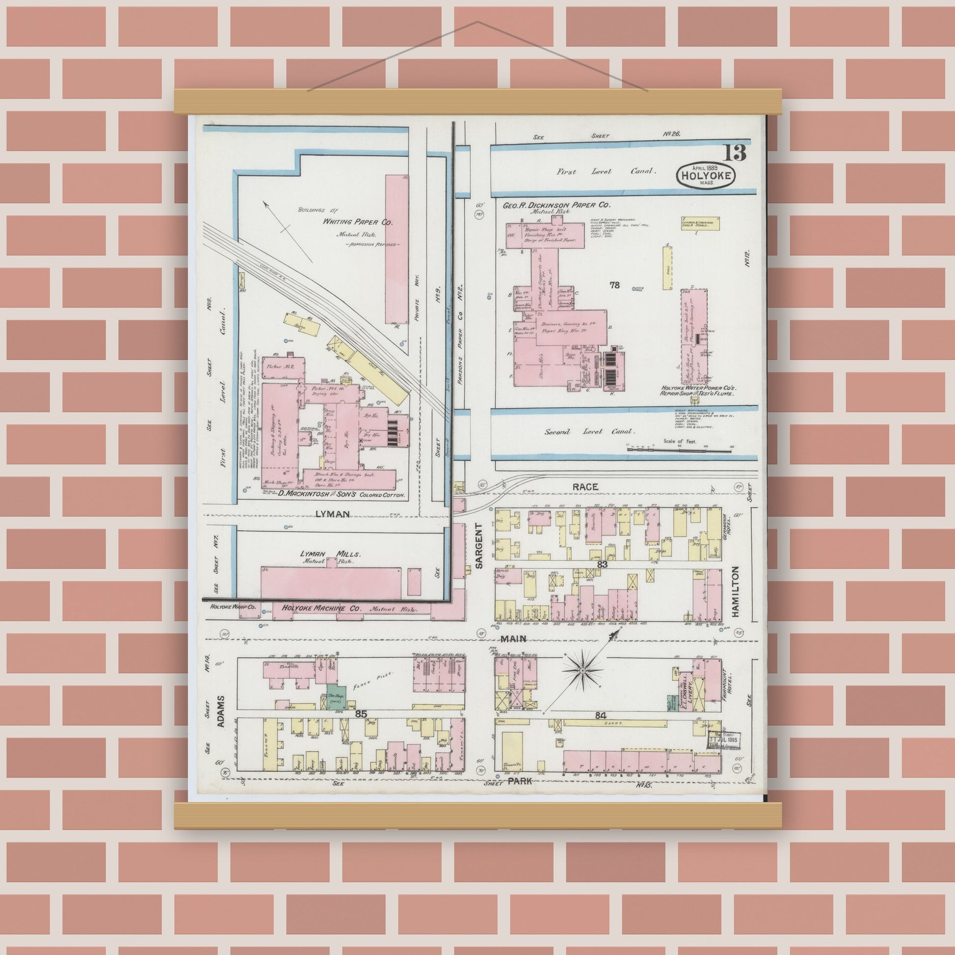 Old map wall art mockup — magnetic wood frame on brick wall — Sanborn Fire Insurance Map from Holyoke, Hampden County, Massachusetts (1889), Sheet #0013
