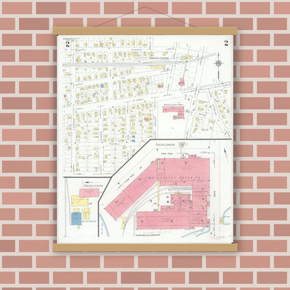 Old map wall art mockup — magnetic wood frame on brick wall — Sanborn Fire Insurance Map from Watervliet, Berrien County, Michigan (1932), Sheet #0002