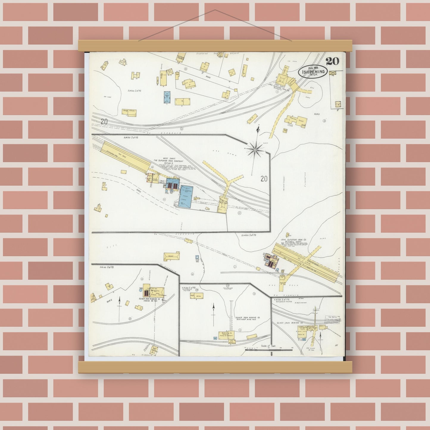 Old map wall art mockup — magnetic wood frame on brick wall — Sanborn Fire Insurance Map from Ishpeming, Marquette County, Michigan (1904), Sheet #0020