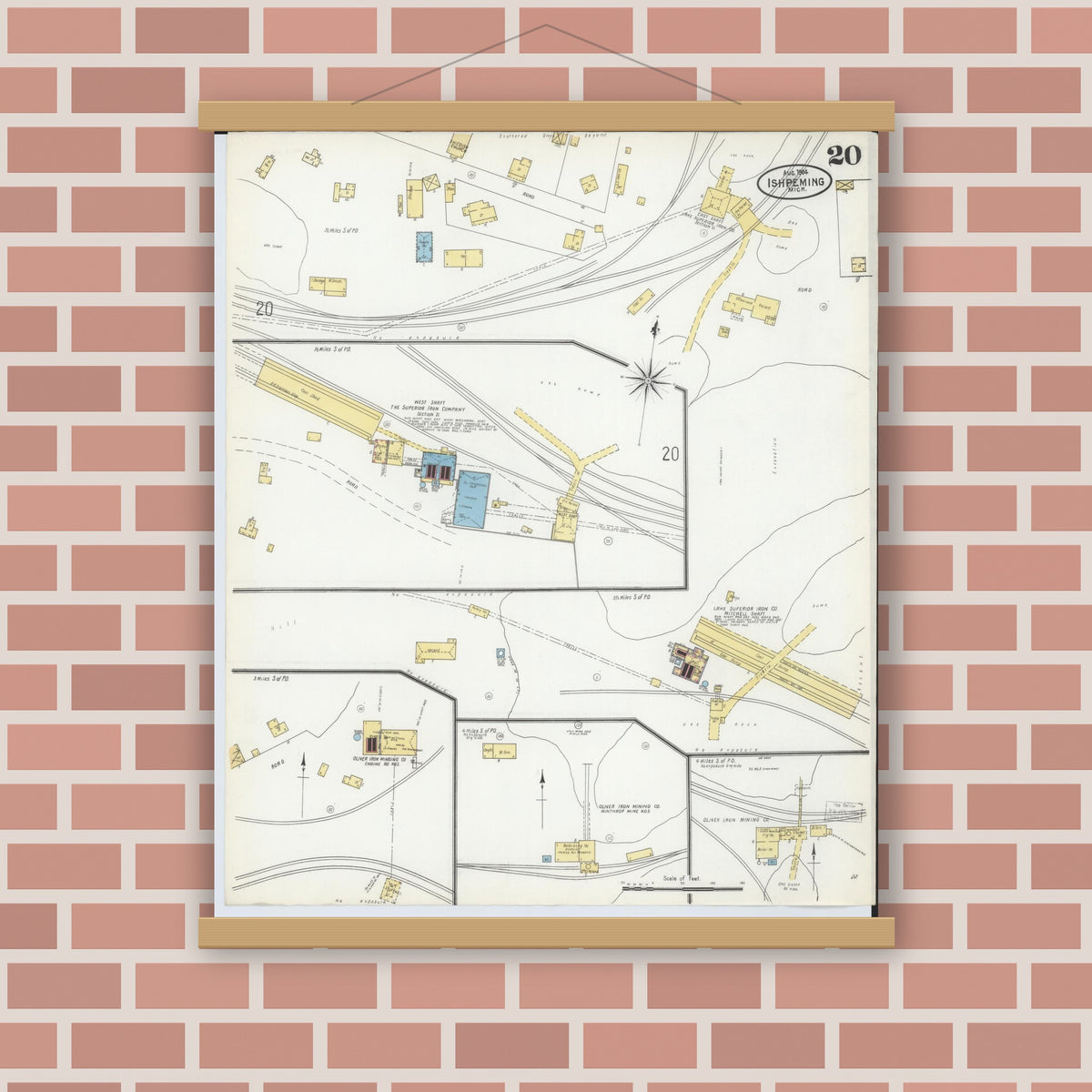 Old map wall art mockup — magnetic wood frame on brick wall — Sanborn Fire Insurance Map from Ishpeming, Marquette County, Michigan (1904), Sheet #0020