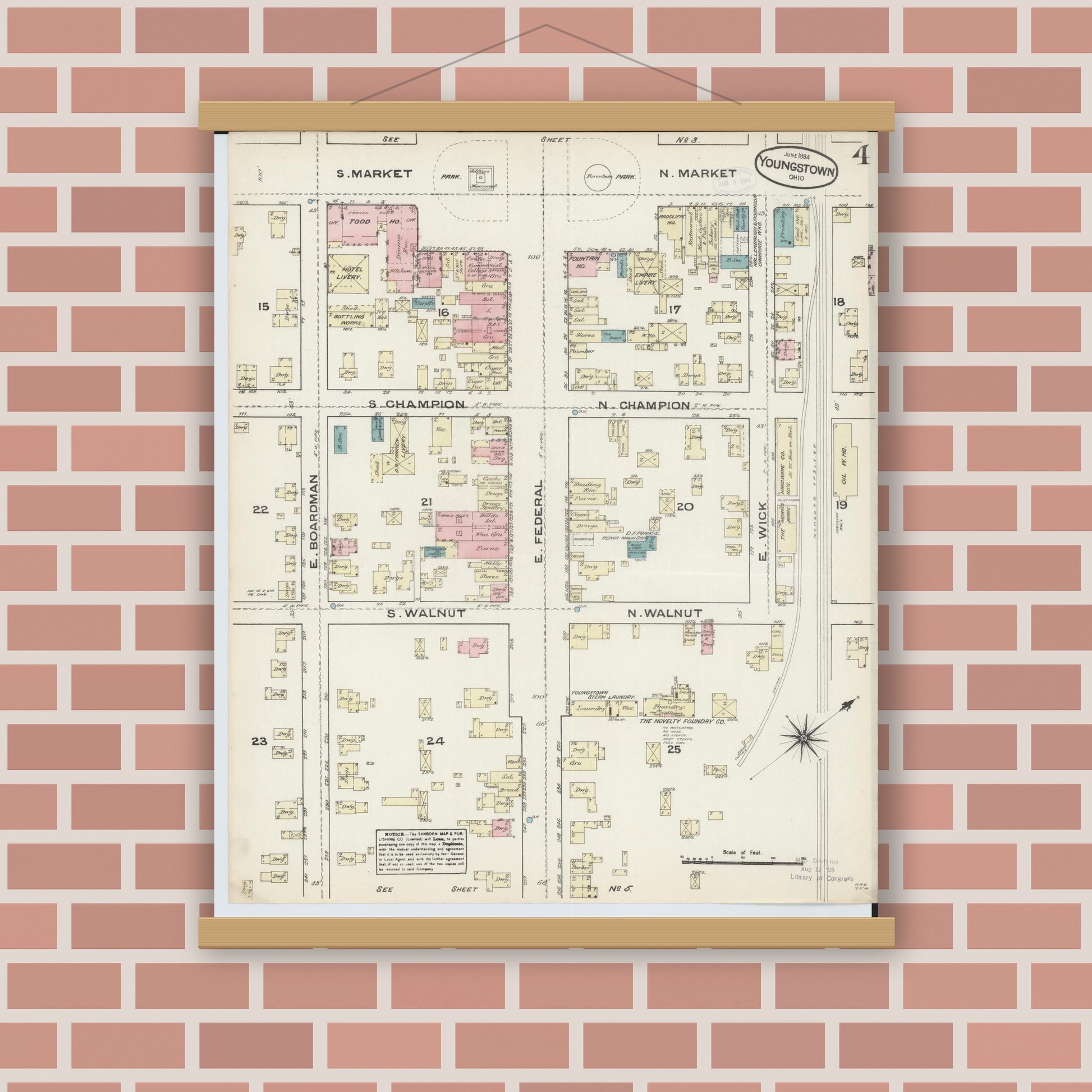Old map wall art mockup — magnetic wood frame on brick wall — Sanborn Fire Insurance Map from Youngstown, Mahoning County, Ohio (1884), Sheet #0004