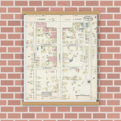 Old map wall art mockup — magnetic wood frame on brick wall — Sanborn Fire Insurance Map from Youngstown, Mahoning County, Ohio (1884), Sheet #0004