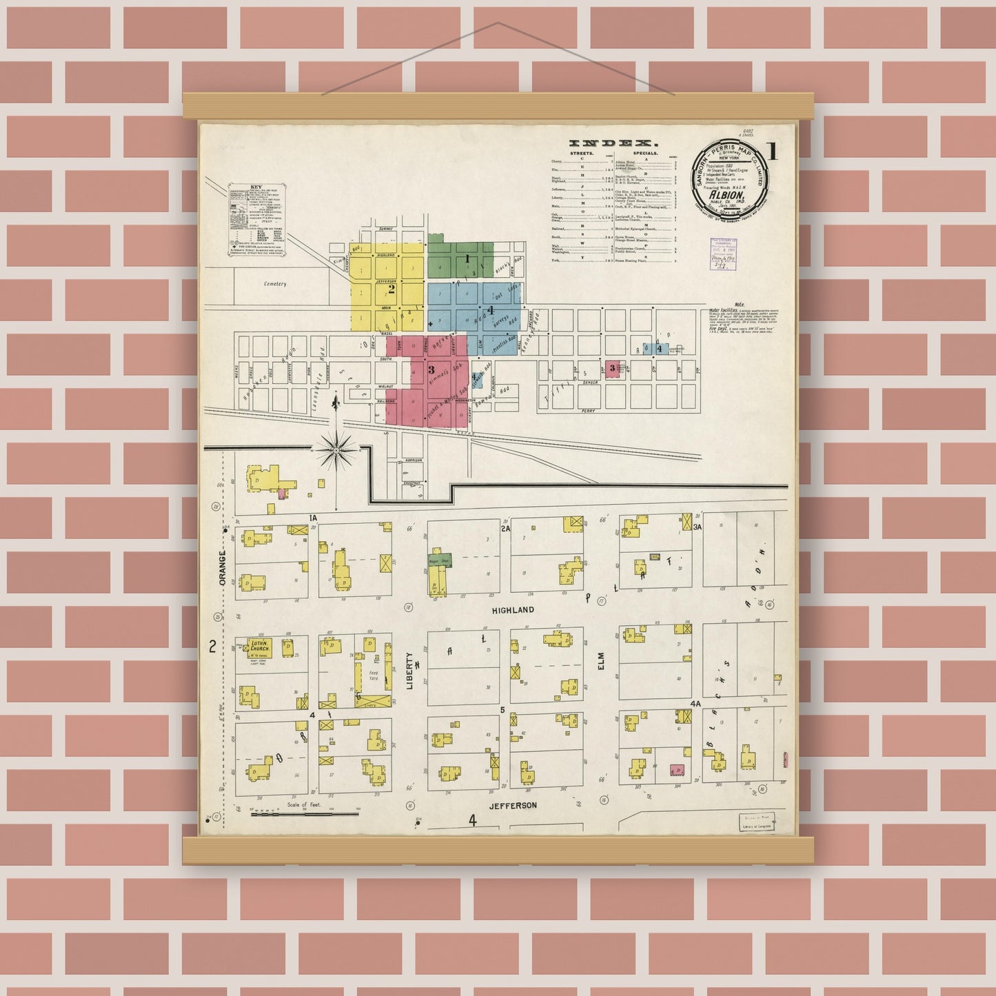 Old map wall art mockup — magnetic wood frame on brick wall — Sanborn Fire Insurance Map from Albion, Noble County, Indiana (1901), Sheet #0001