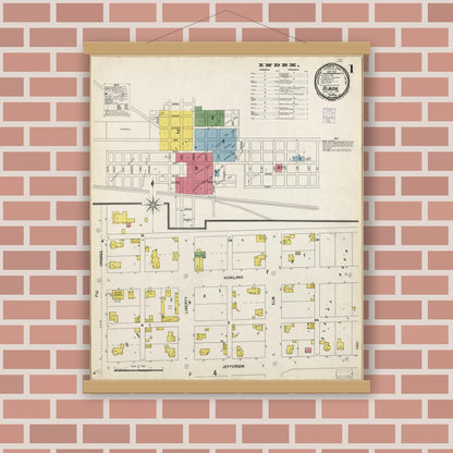 Old map wall art mockup — magnetic wood frame on brick wall — Sanborn Fire Insurance Map from Albion, Noble County, Indiana (1901), Sheet #0001