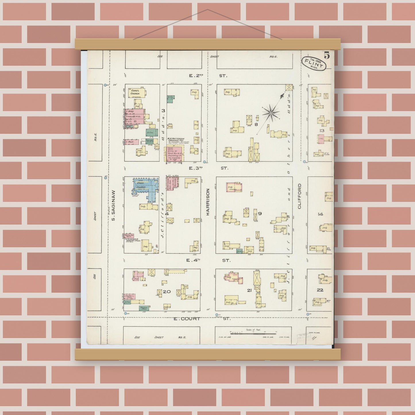 Old map wall art mockup — magnetic wood frame on brick wall — Sanborn Fire Insurance Map from Flint, Genesee County, Michigan (1886), Sheet #0005