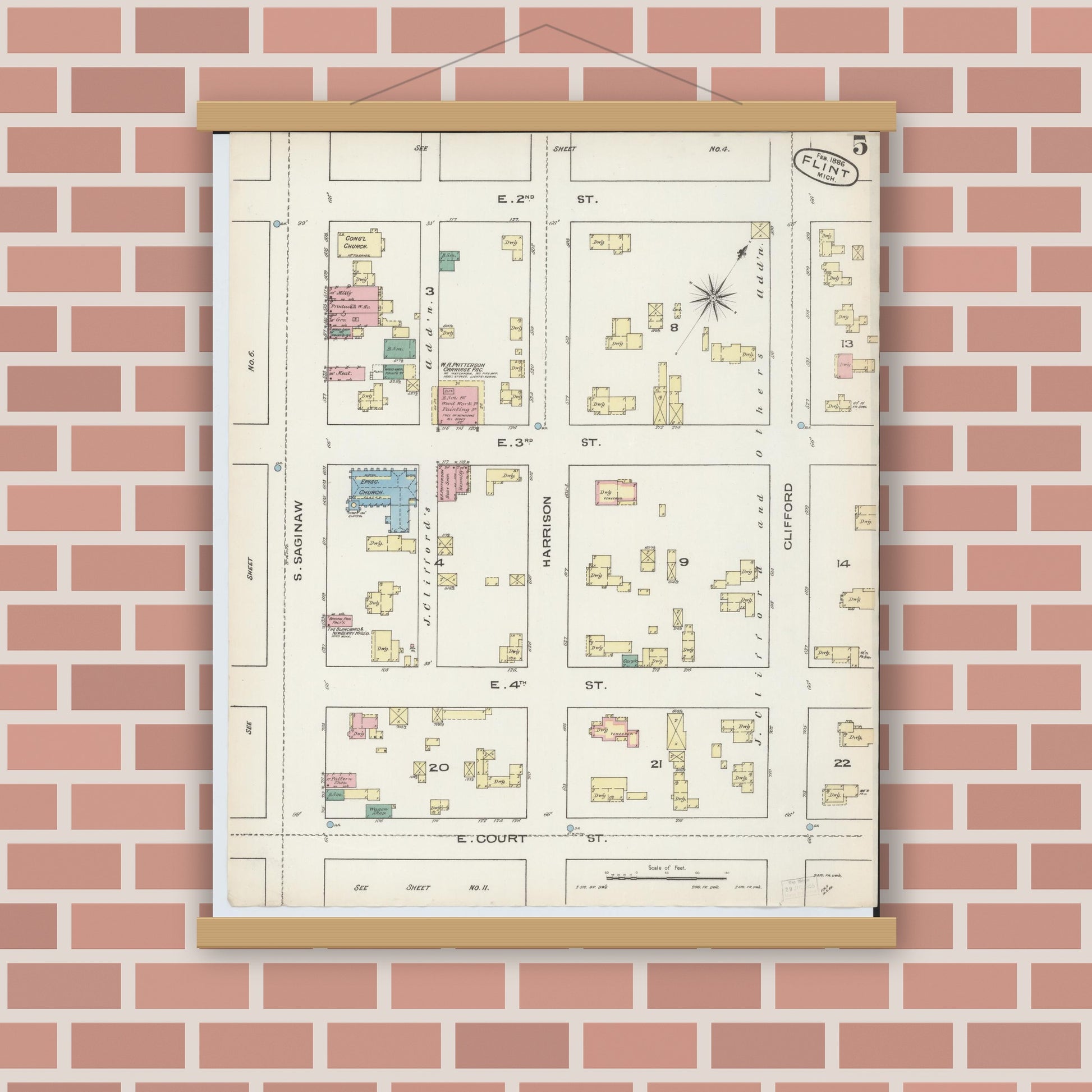 Old map wall art mockup — magnetic wood frame on brick wall — Sanborn Fire Insurance Map from Flint, Genesee County, Michigan (1886), Sheet #0005