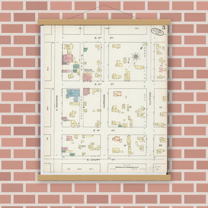 Old map wall art mockup — magnetic wood frame on brick wall — Sanborn Fire Insurance Map from Flint, Genesee County, Michigan (1886), Sheet #0005