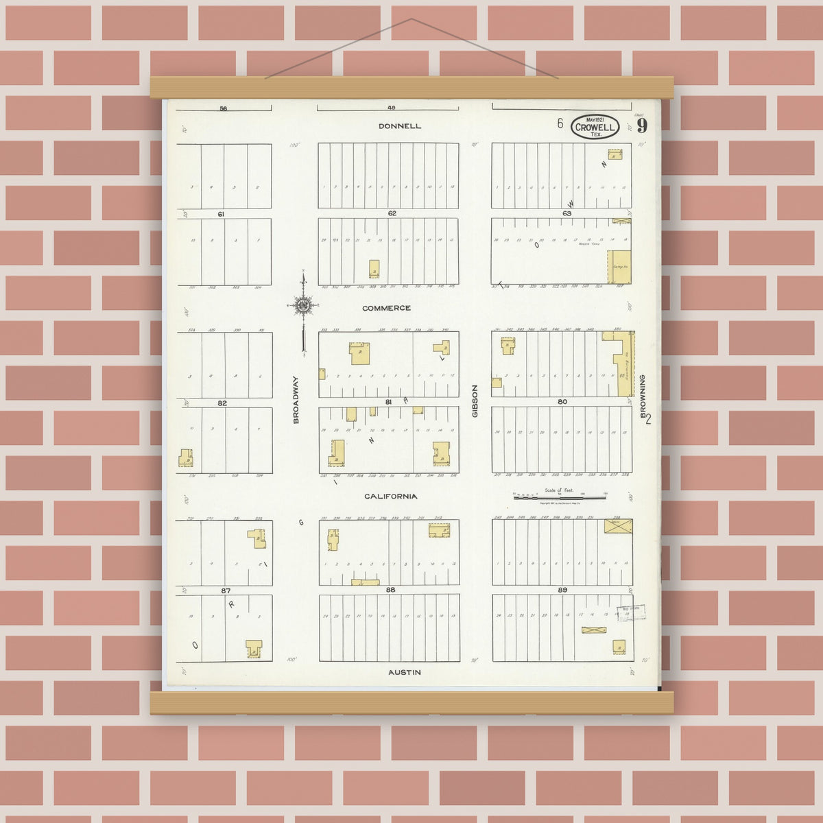 Old map wall art mockup — magnetic wood frame on brick wall — Sanborn Fire Insurance Map from Crowell, Foard County, Texas (1921), Sheet #0009