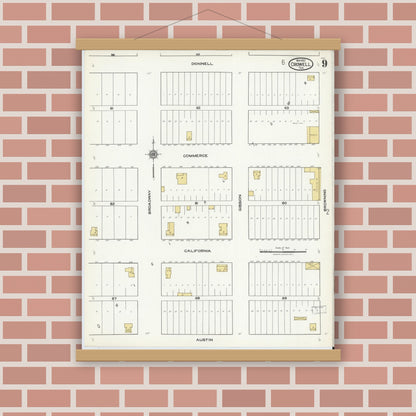 Old map wall art mockup — magnetic wood frame on brick wall — Sanborn Fire Insurance Map from Crowell, Foard County, Texas (1921), Sheet #0009