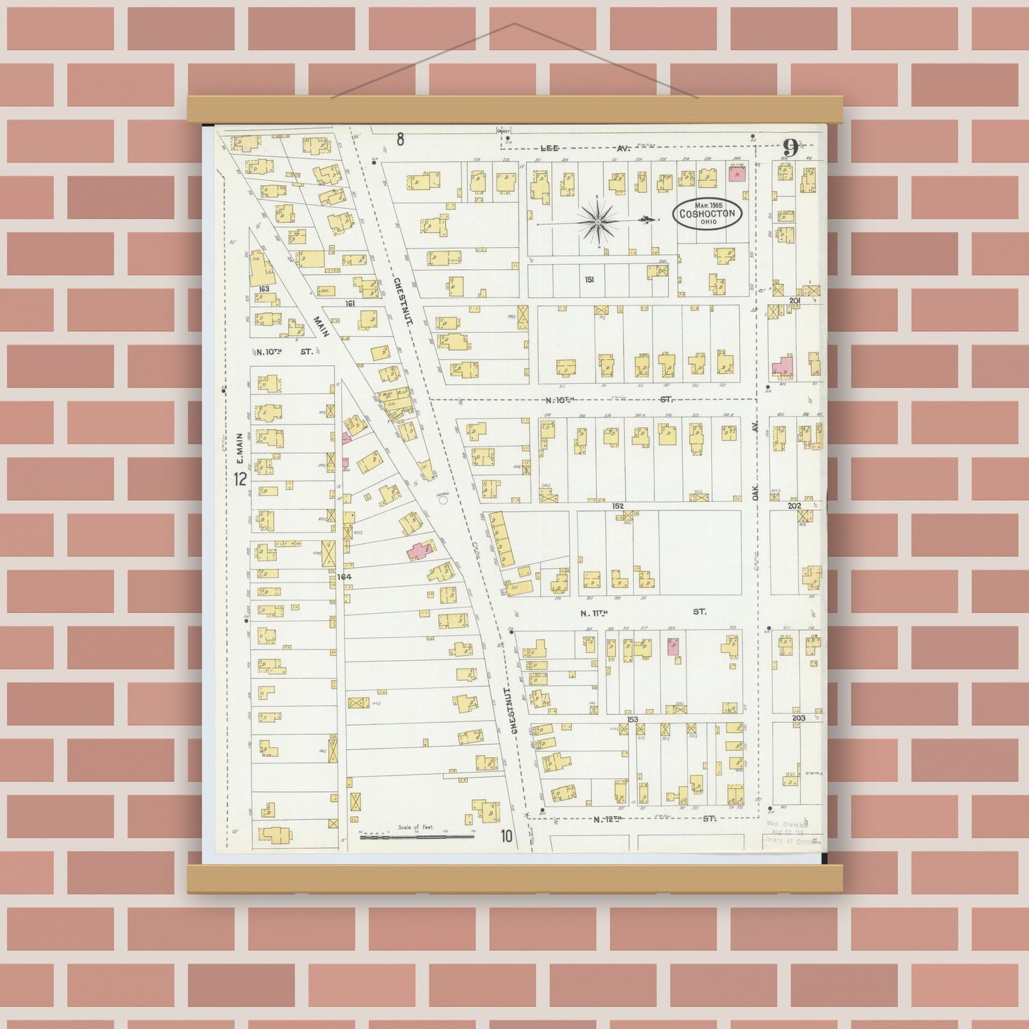 Old map wall art mockup — magnetic wood frame on brick wall — Sanborn Fire Insurance Map from Coshocton, Coshocton County, Ohio (1905), Sheet #0009