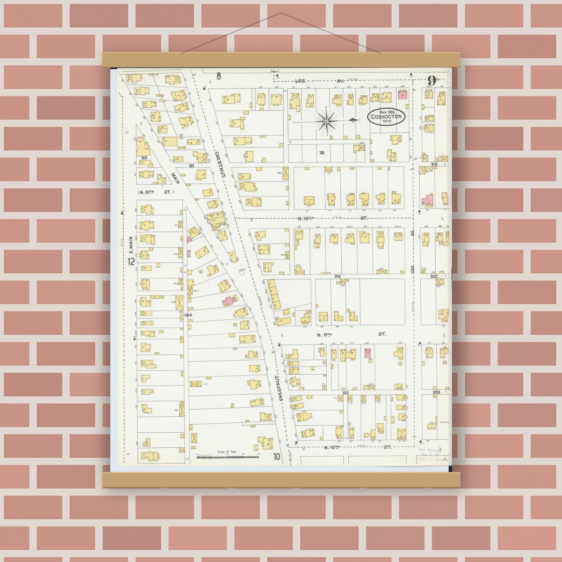 Old map wall art mockup — magnetic wood frame on brick wall — Sanborn Fire Insurance Map from Coshocton, Coshocton County, Ohio (1905), Sheet #0009