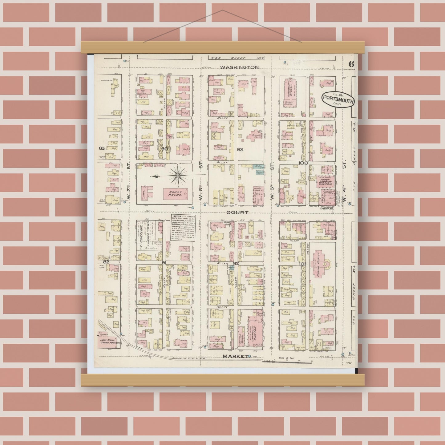 Old map wall art mockup — magnetic wood frame on brick wall — Sanborn Fire Insurance Map from Portsmouth, Scioto County, Ohio (1884), Sheet #0006