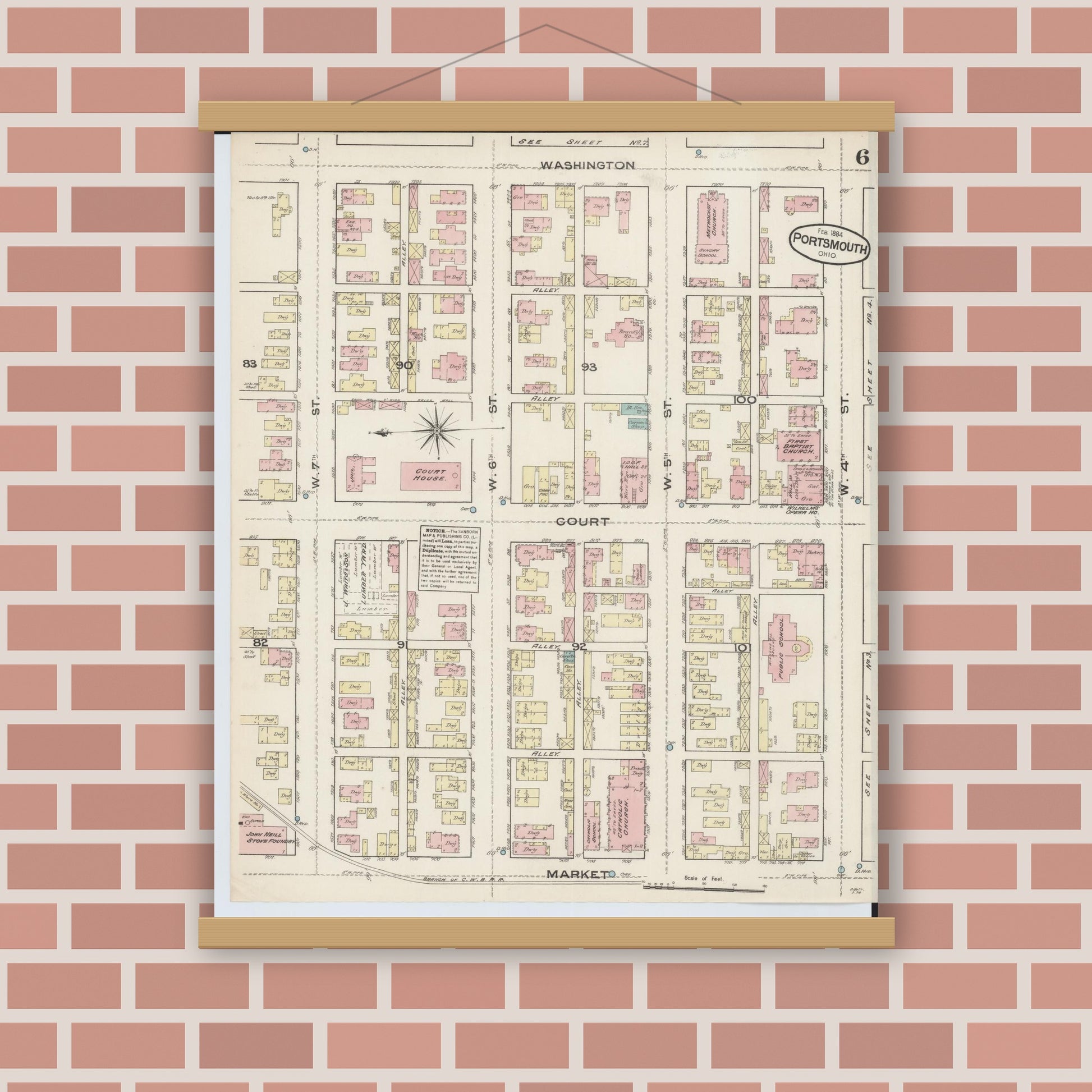Old map wall art mockup — magnetic wood frame on brick wall — Sanborn Fire Insurance Map from Portsmouth, Scioto County, Ohio (1884), Sheet #0006