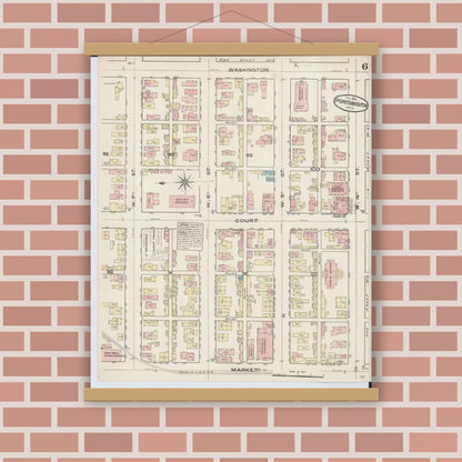 Old map wall art mockup — magnetic wood frame on brick wall — Sanborn Fire Insurance Map from Portsmouth, Scioto County, Ohio (1884), Sheet #0006
