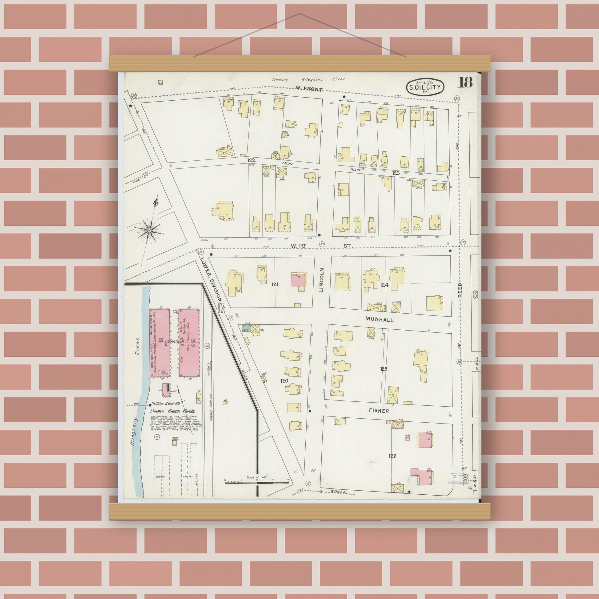 Old map wall art mockup — magnetic wood frame on brick wall — Sanborn Fire Insurance Map from Oil City, Venango County, Pennsylvania (1895), Sheet #0018