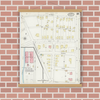 Old map wall art mockup — magnetic wood frame on brick wall — Sanborn Fire Insurance Map from Oil City, Venango County, Pennsylvania (1895), Sheet #0018