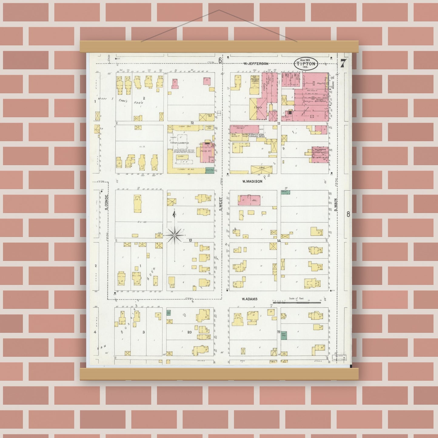 Old map wall art mockup — magnetic wood frame on brick wall — Sanborn Fire Insurance Map from Tipton, Tipton County, Indiana (1902), Sheet #0007