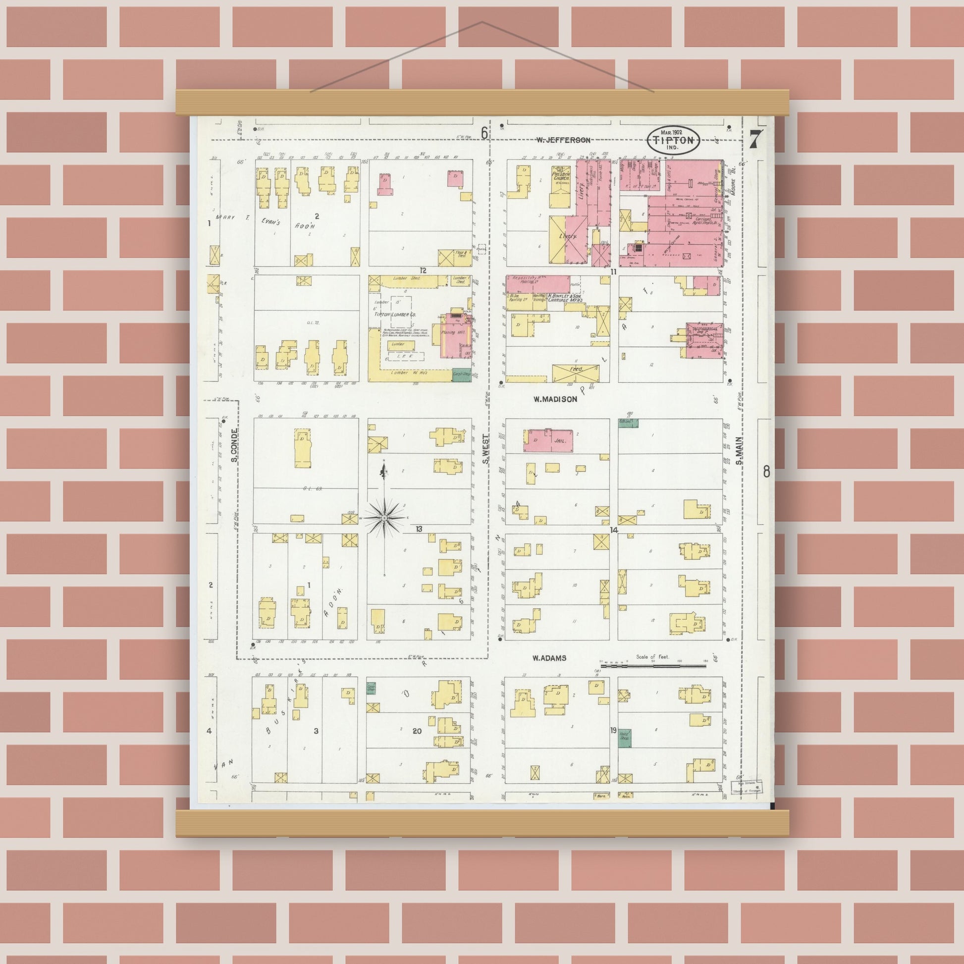Old map wall art mockup — magnetic wood frame on brick wall — Sanborn Fire Insurance Map from Tipton, Tipton County, Indiana (1902), Sheet #0007