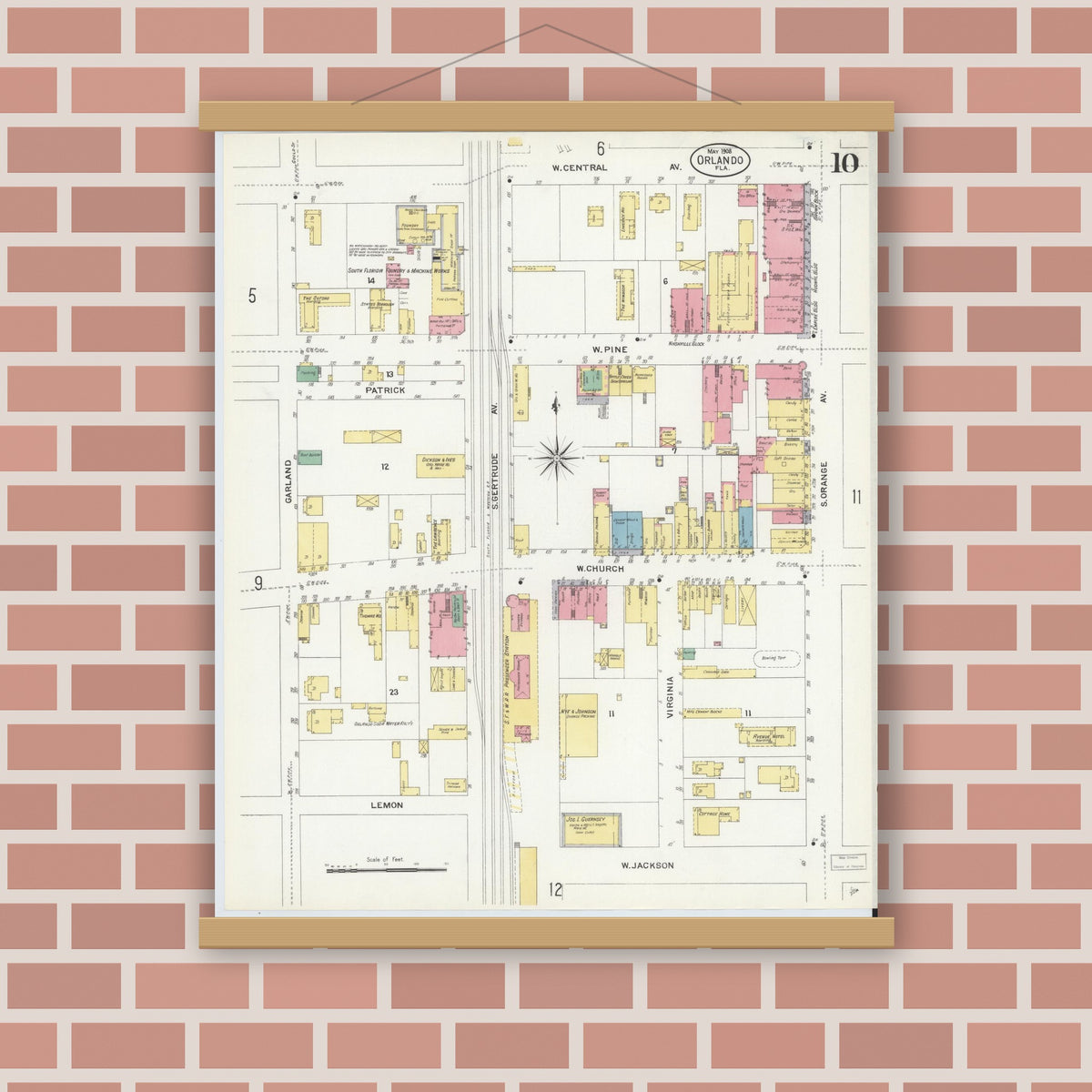 Old map wall art mockup — magnetic wood frame on brick wall — Sanborn Fire Insurance Map from Orlando, Orange County, Florida (1908), Sheet #0010