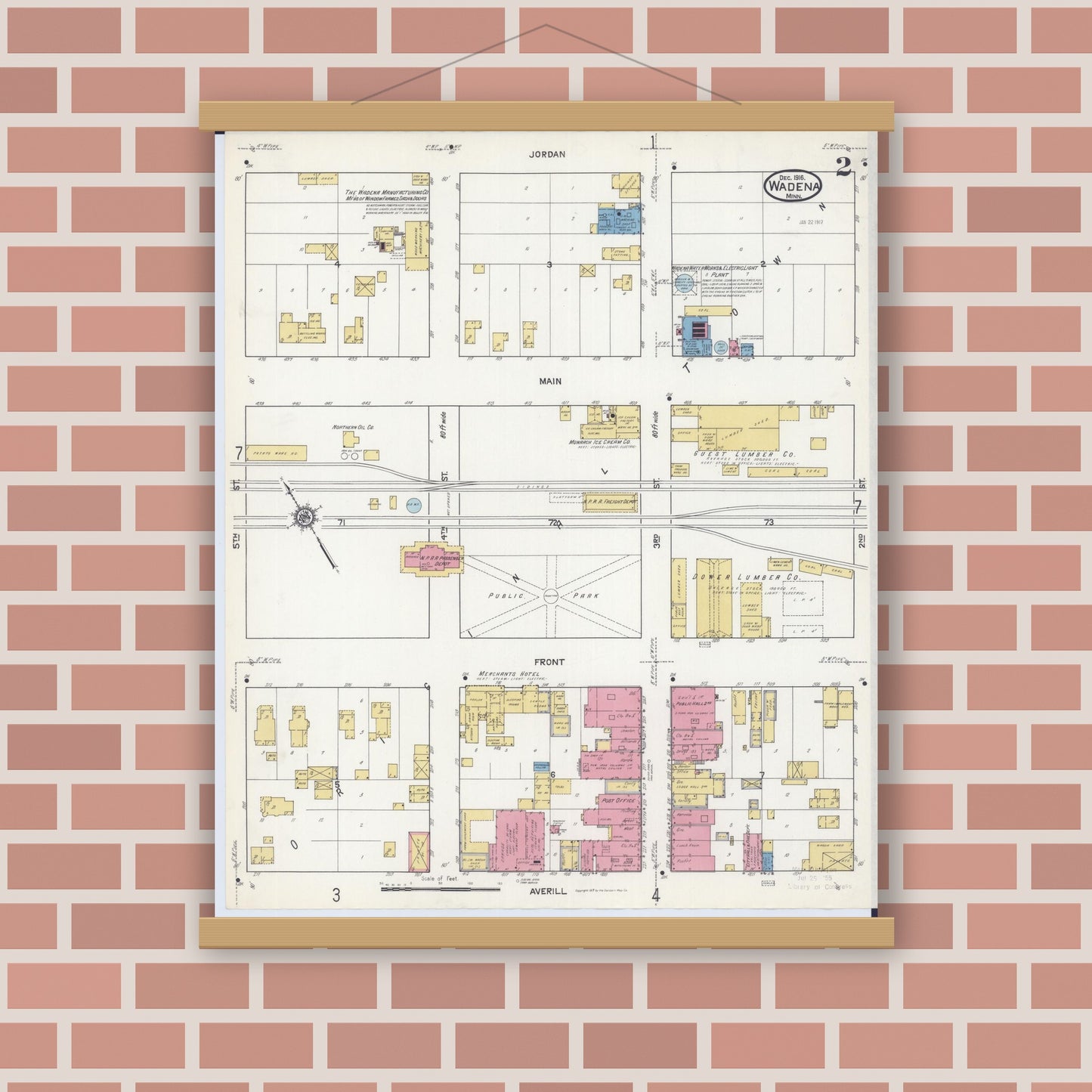 Old map wall art mockup — magnetic wood frame on brick wall — Sanborn Fire Insurance Map from Wadena, Wadena County, Minnesota (1916), Sheet #0002