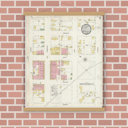 Old map wall art mockup — magnetic wood frame on brick wall — Sanborn Fire Insurance Map from Jacksonville, Cherokee County, Texas (1896), Sheet #0001