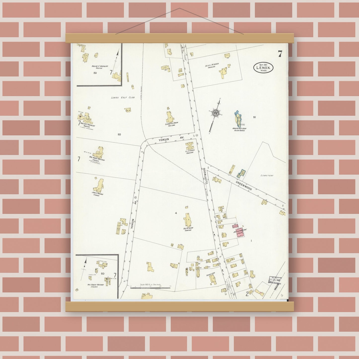 Old map wall art mockup — magnetic wood frame on brick wall — Sanborn Fire Insurance Map from Lenox, Berkshire County, Massachusetts (1911), Sheet #0007